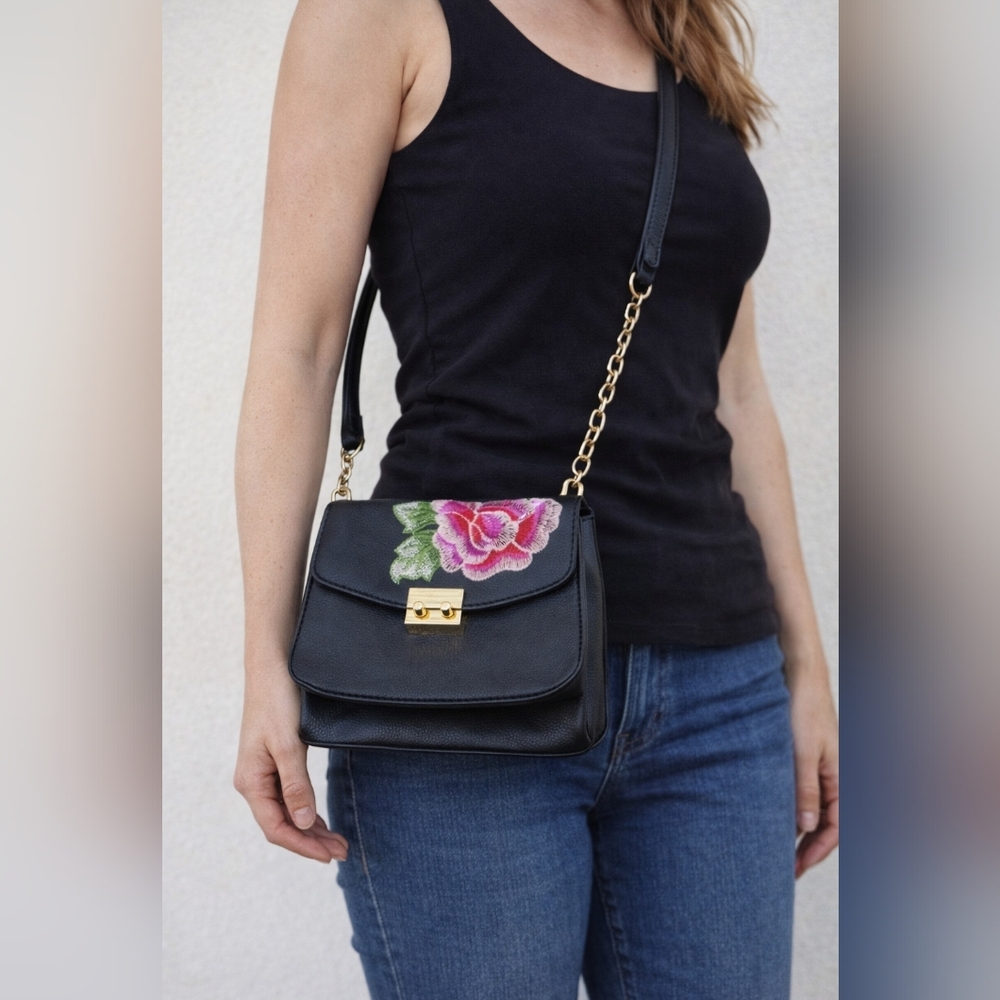 Rose Embroidered Mini Crossbody Bag Faix Leather Black